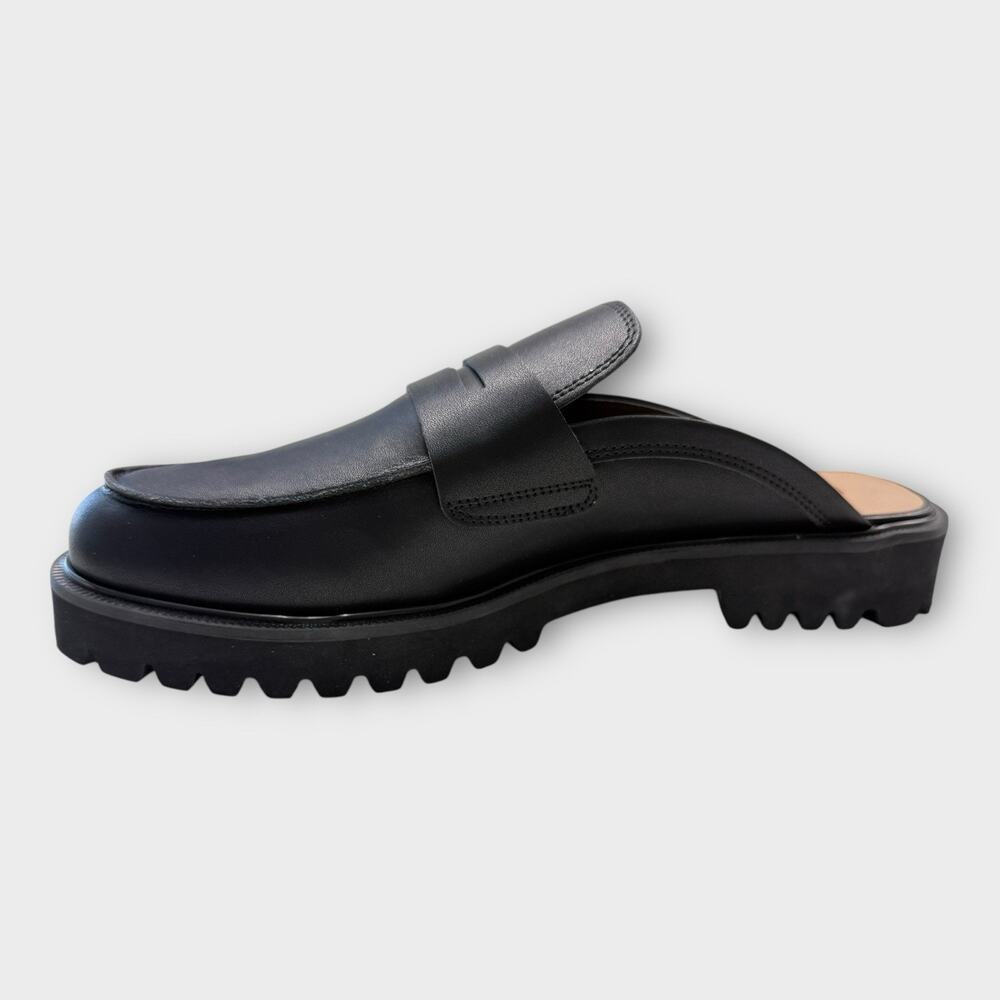 NEW Penny Loafer Mule Womens 10 Black Leather Lug Sole Slide On Waterproof.
